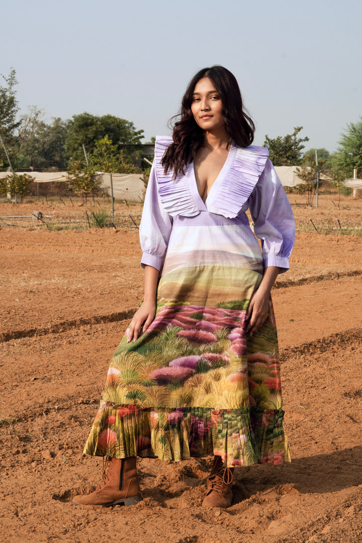 Green Wood Scape Ruffled Dress