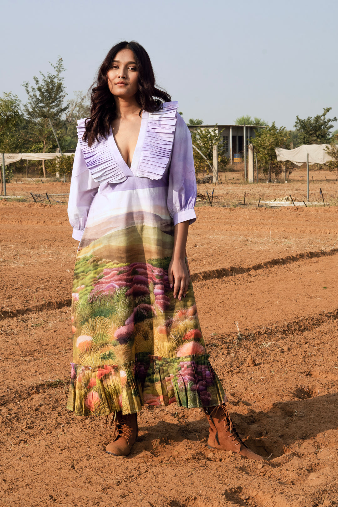 Green Wood Scape Ruffled Dress