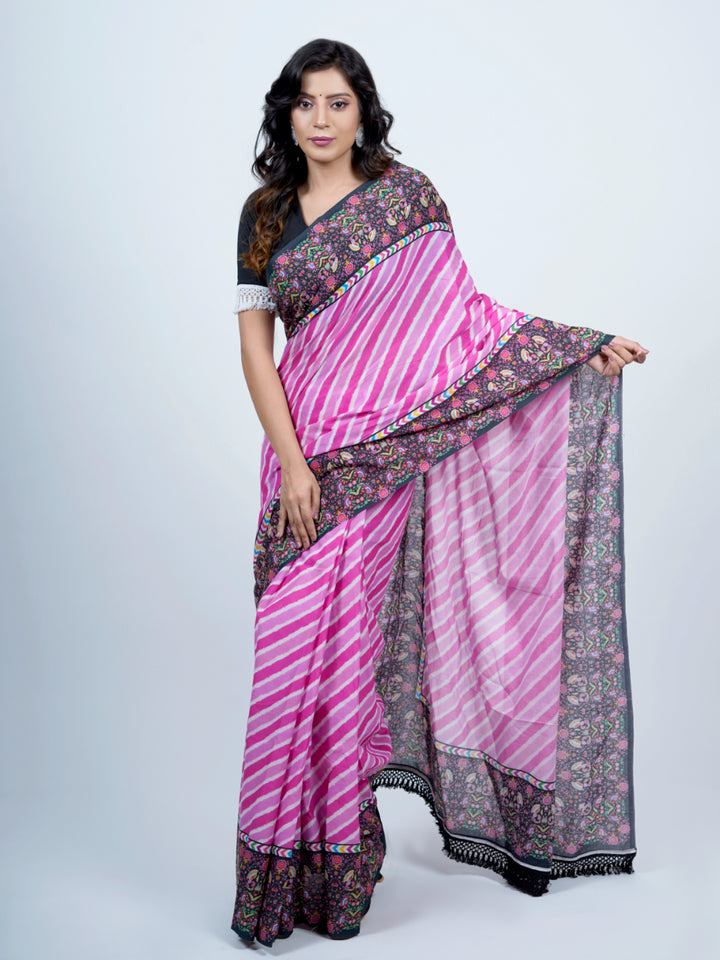 Buta Buti Leheriya Ethnic Motifs Printed Pure Cotton Tasseled Saree