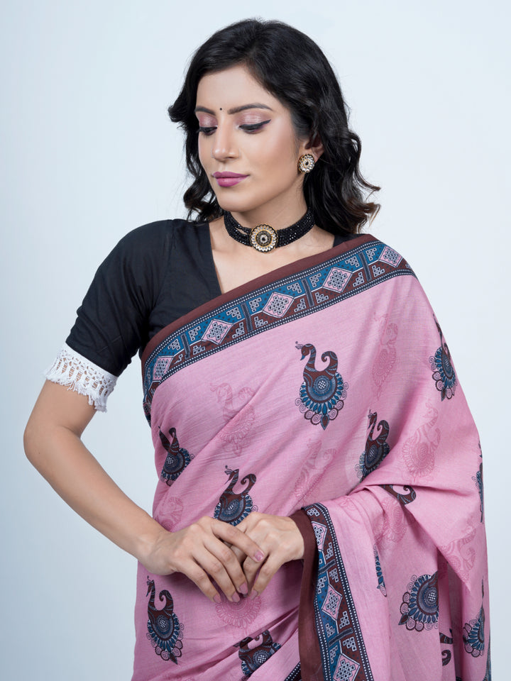 Buta Buti Peacock Ethnic Motifs Printed Pure CottonTasseled Saree