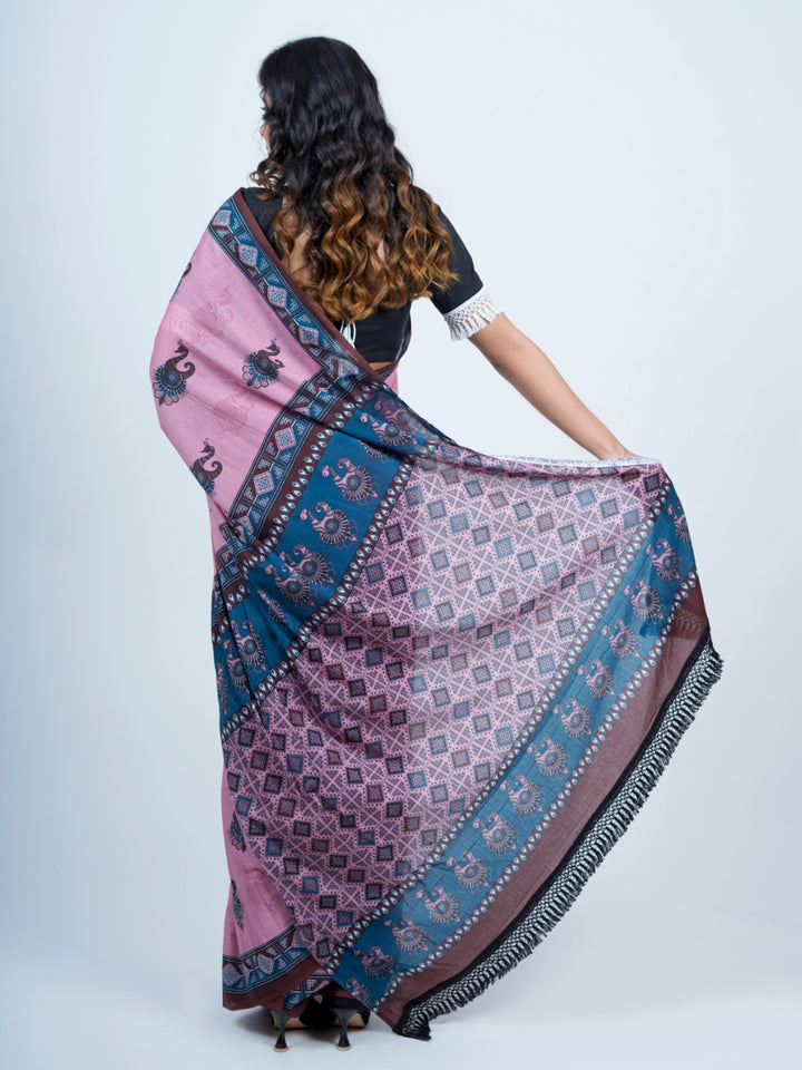 Buta Buti Peacock Ethnic Motifs Printed Pure CottonTasseled Saree