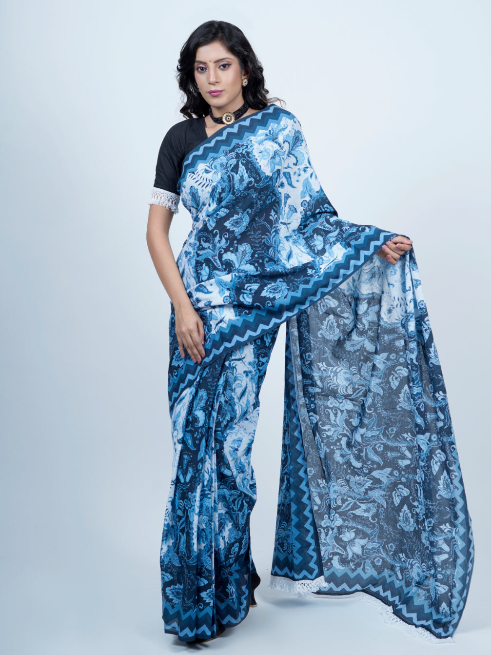 Buta Buti Chintz Floral Printed Pure Cotton Tasseled Saree