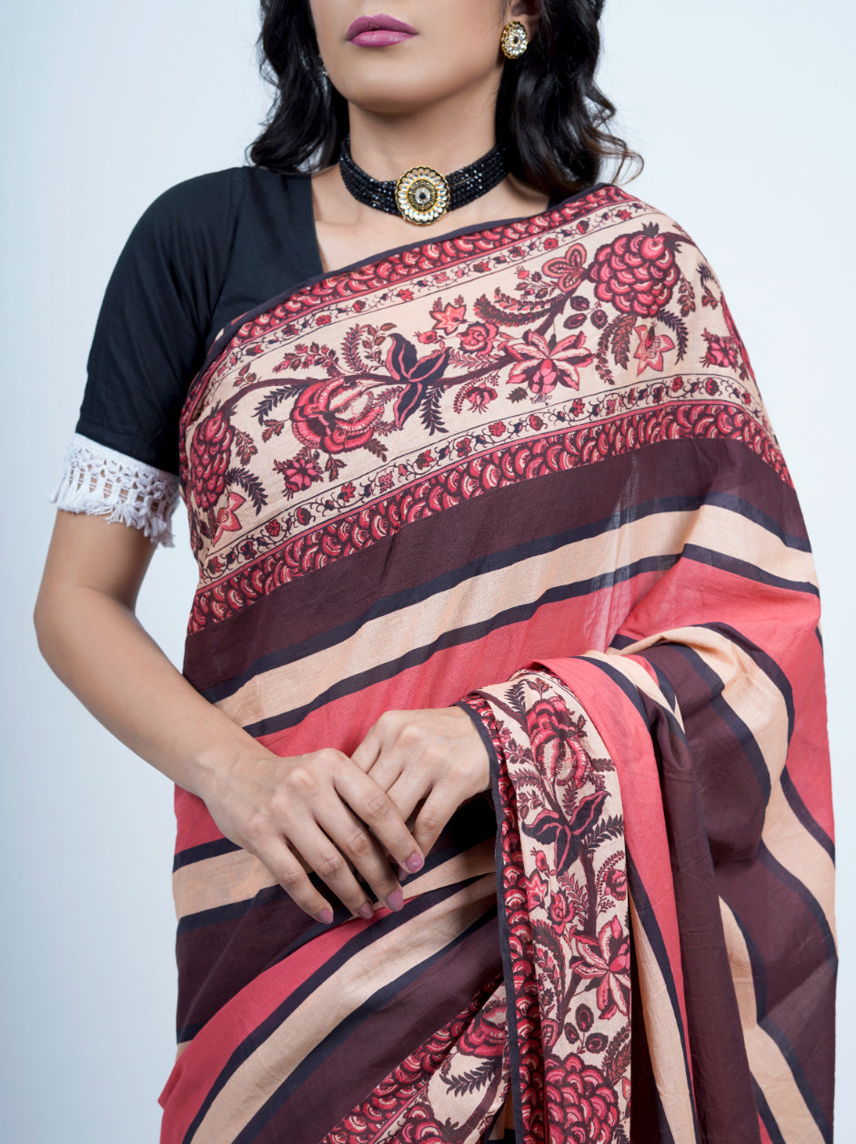 Buta Buti Striped Chintz Printed Pure Cotton Tasseled Saree