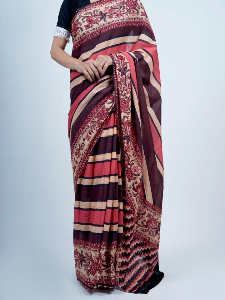 Buta Buti Striped Chintz Printed Pure Cotton Tasseled Saree