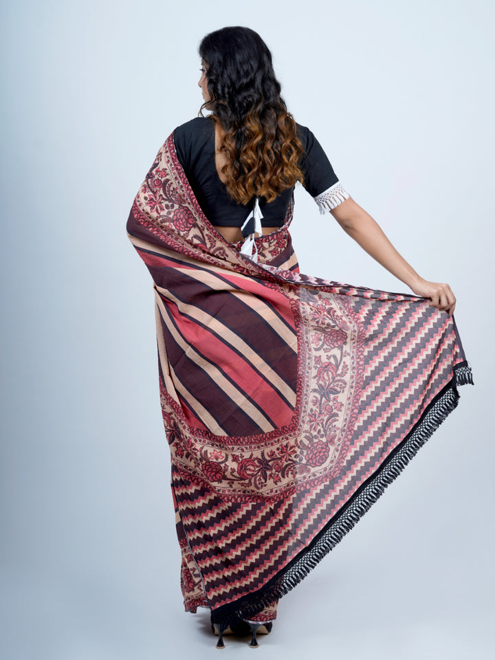 Buta Buti Striped Chintz Printed Pure Cotton Tasseled Saree