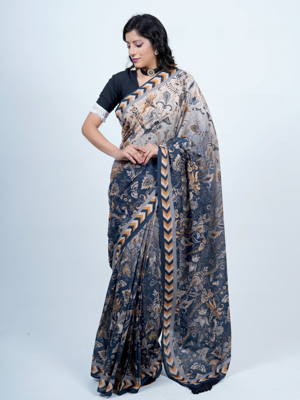 Buta Buti Ombre Chintz Floral Printed Pure Cotton Tasseled Saree