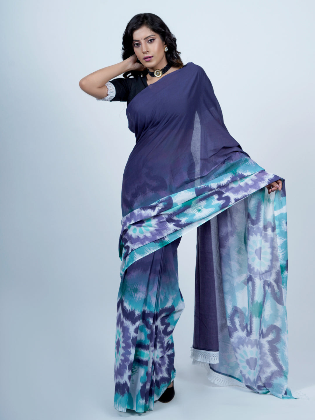 Buta Buti Ikat Ombre Printed Pure Cotton Tasseled Saree