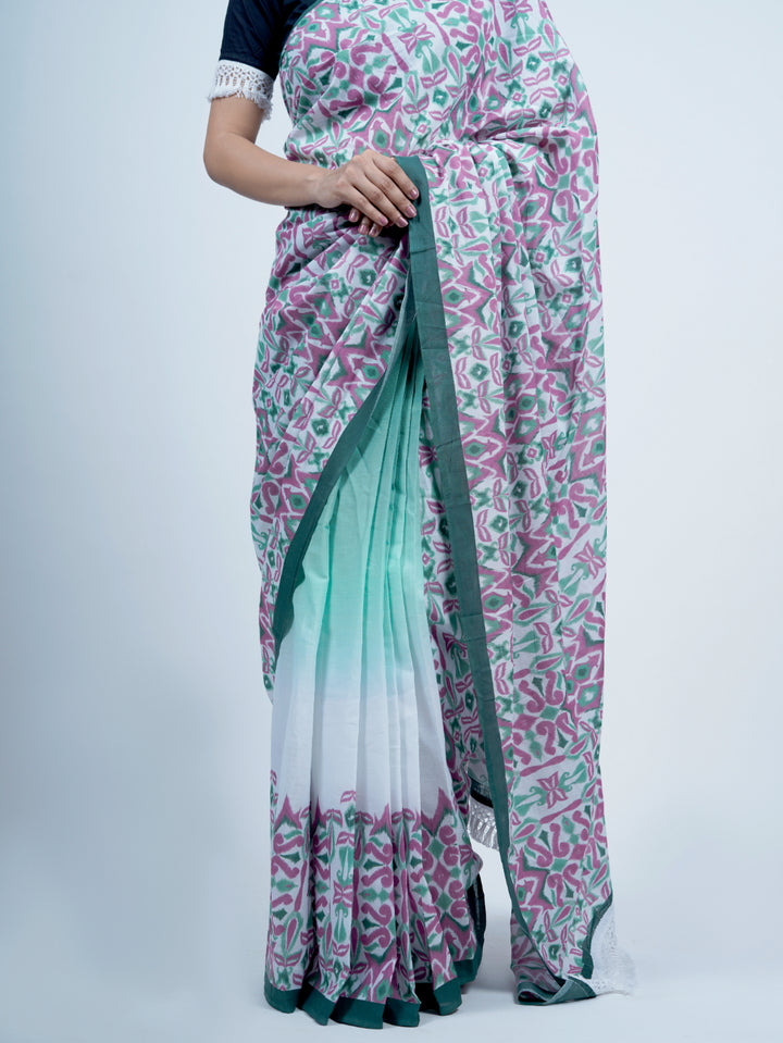 Buta Buti Ikat Ombre Printed Pure Cotton Tasseled Saree