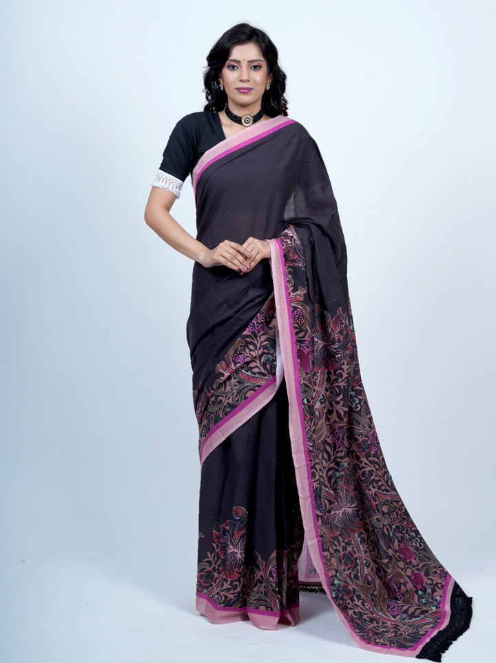 Buta Buti Floral Printed Pure Cotton Tasseled Printed Saree