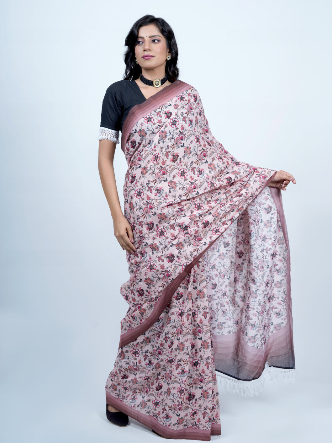 Buta Buti Chintz Floral Printed Pure Cotton Tasseled Saree