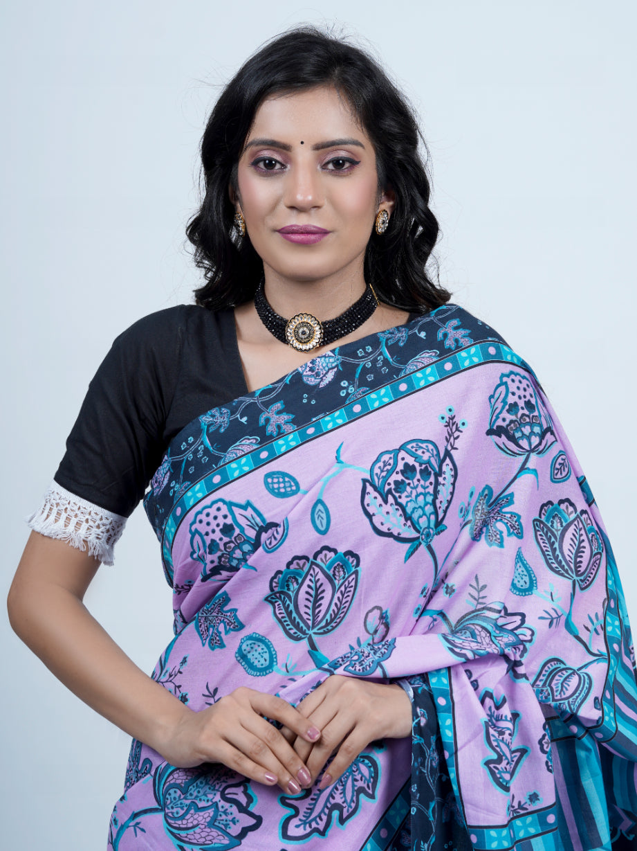 Buta Buti Chintz Floral Printed Pure Cotton Tasseled Saree