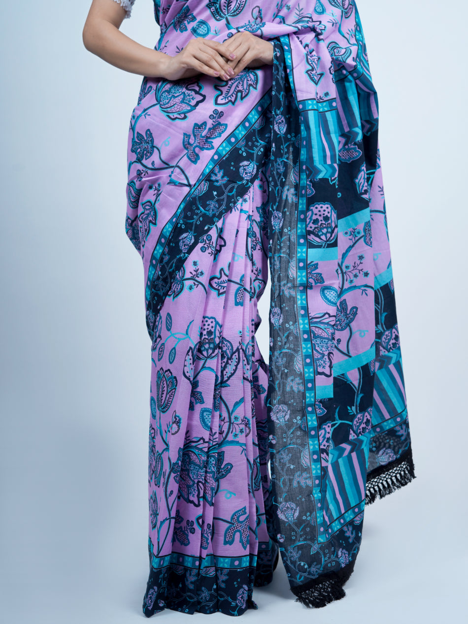 Buta Buti Chintz Floral Printed Pure Cotton Tasseled Saree