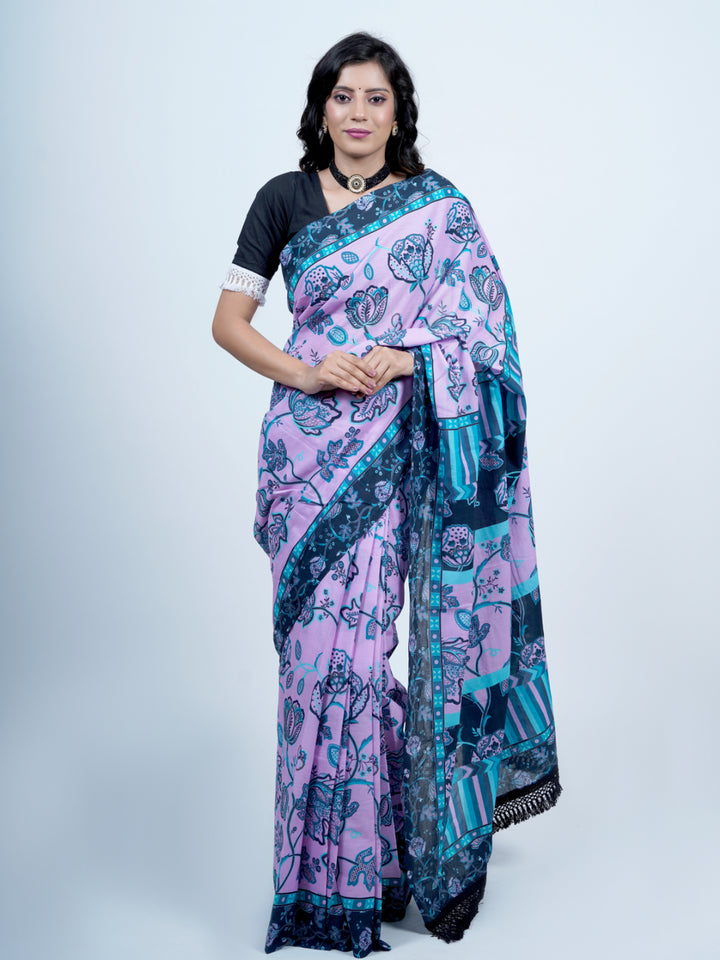 Buta Buti Chintz Floral Printed Pure Cotton Tasseled Saree