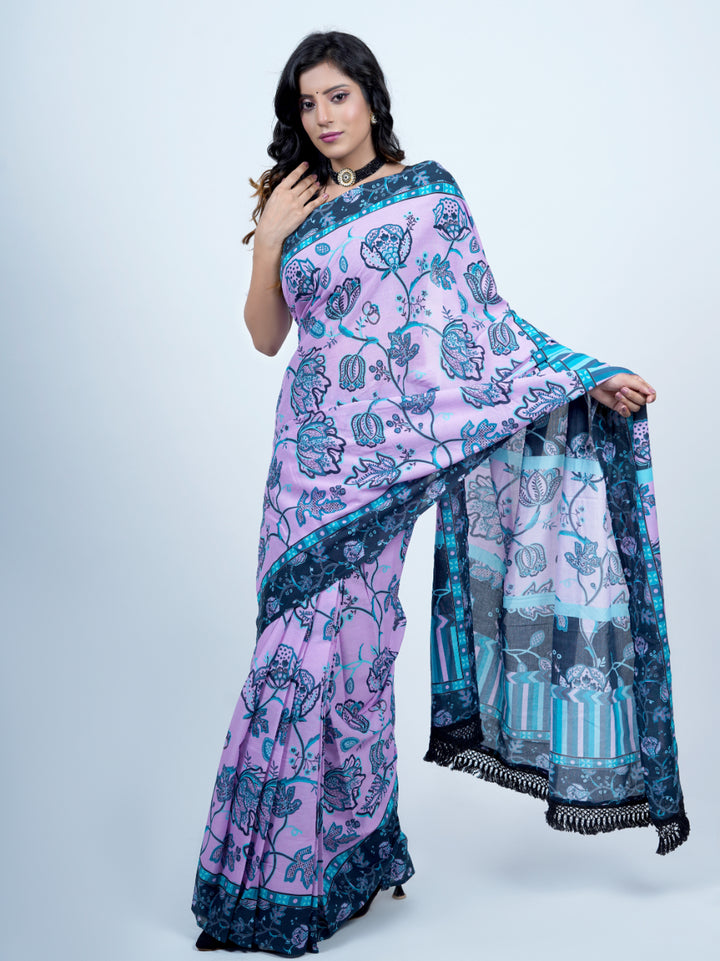 Buta Buti Chintz Floral Printed Pure Cotton Tasseled Saree