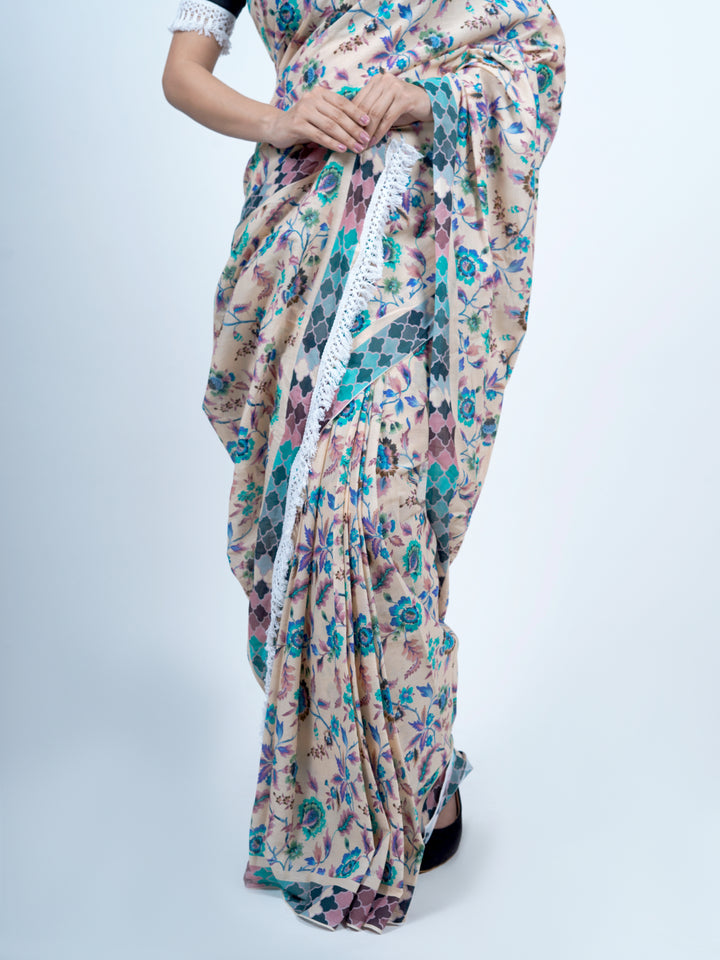 Buta Buti Chintz Floral Printed Pure Cotton Tasseled Saree