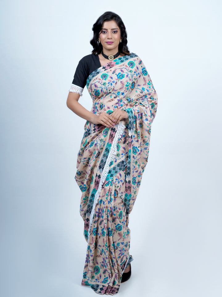 Buta Buti Chintz Floral Printed Pure Cotton Tasseled Saree