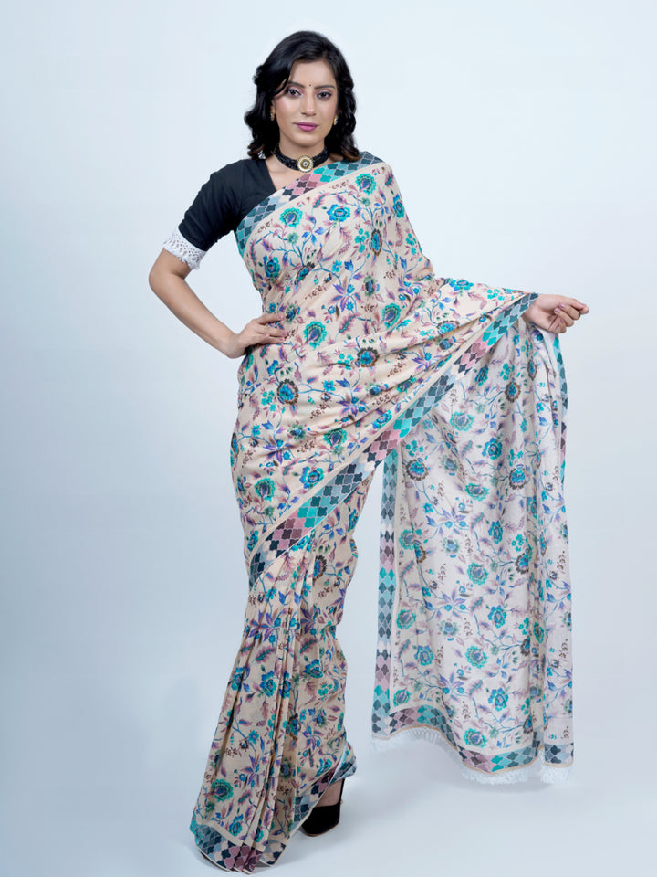 Buta Buti Chintz Floral Printed Pure Cotton Tasseled Saree