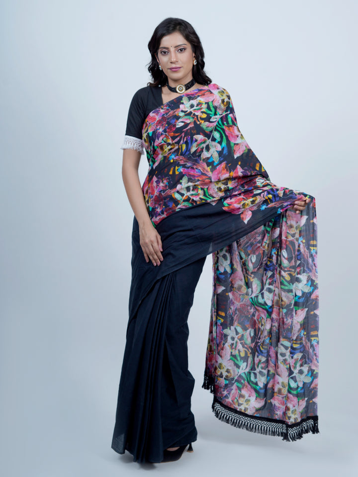 Buta Buti Abstract Water Colour Art Printed Pure Cotton Tasseled Saree