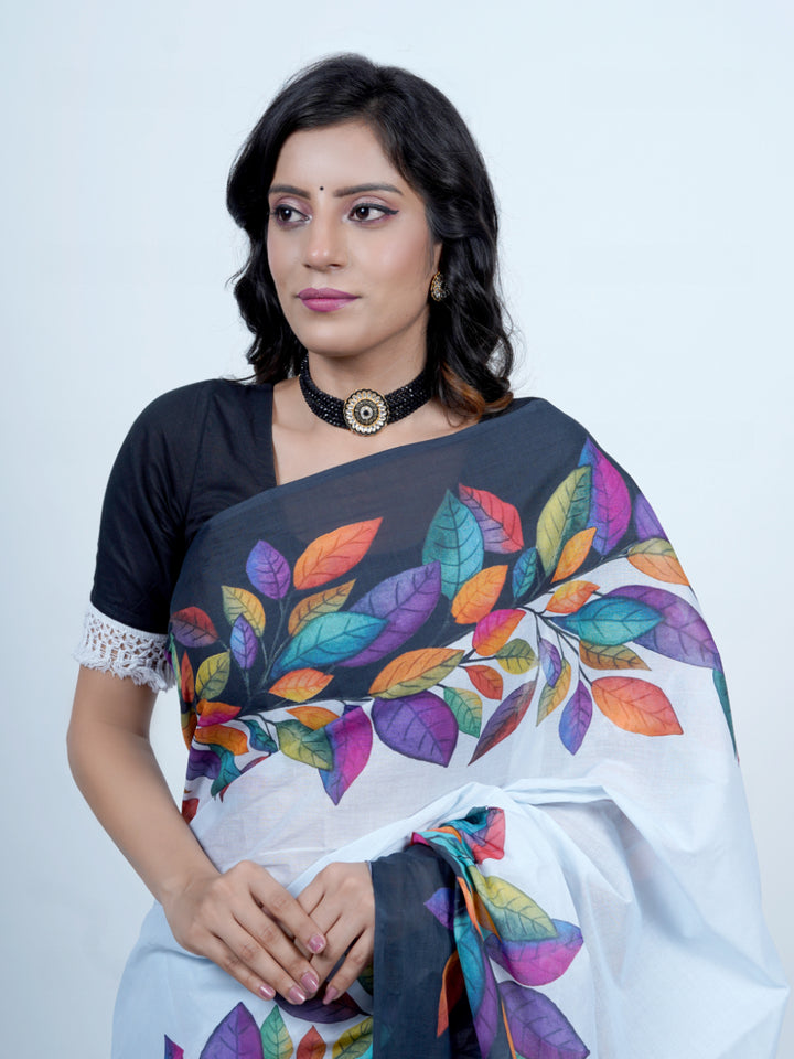 Buta Buti Leaf Printed Pure Cotton Tasseled Saree