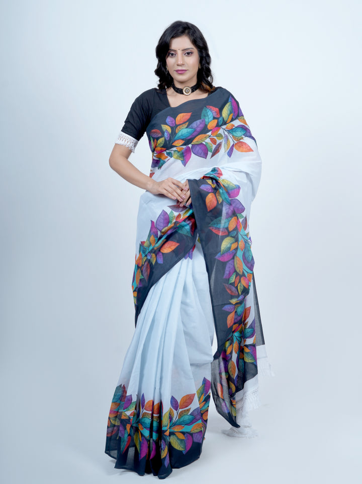 Buta Buti Leaf Printed Pure Cotton Tasseled Saree