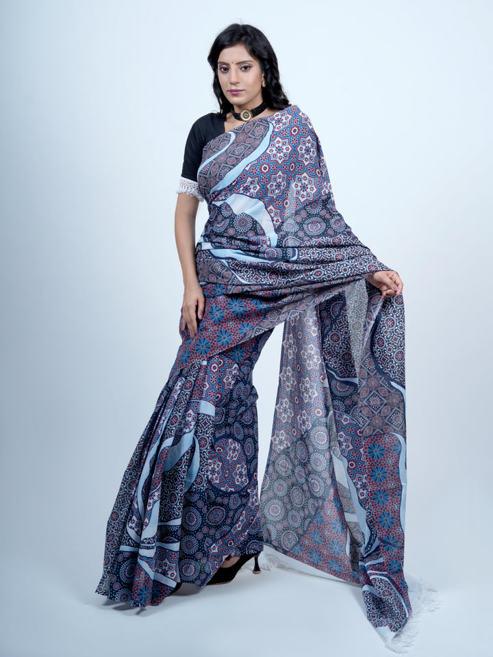 Buta Buti Ajrak Printed Pure Cotton Tasseled Saree