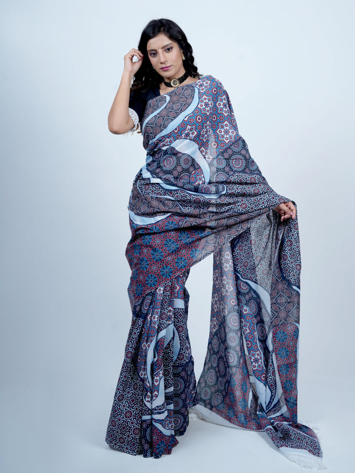 Buta Buti Ajrak Printed Pure Cotton Tasseled Saree