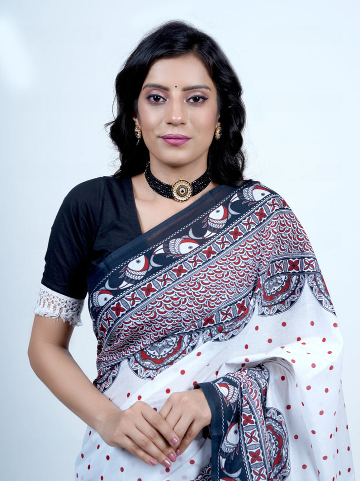 Buta Buti Madhubani Art Printed Pure Cotton Tasseled Saree