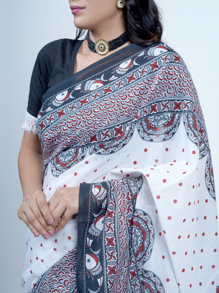 Buta Buti Madhubani Art Printed Pure Cotton Tasseled Saree