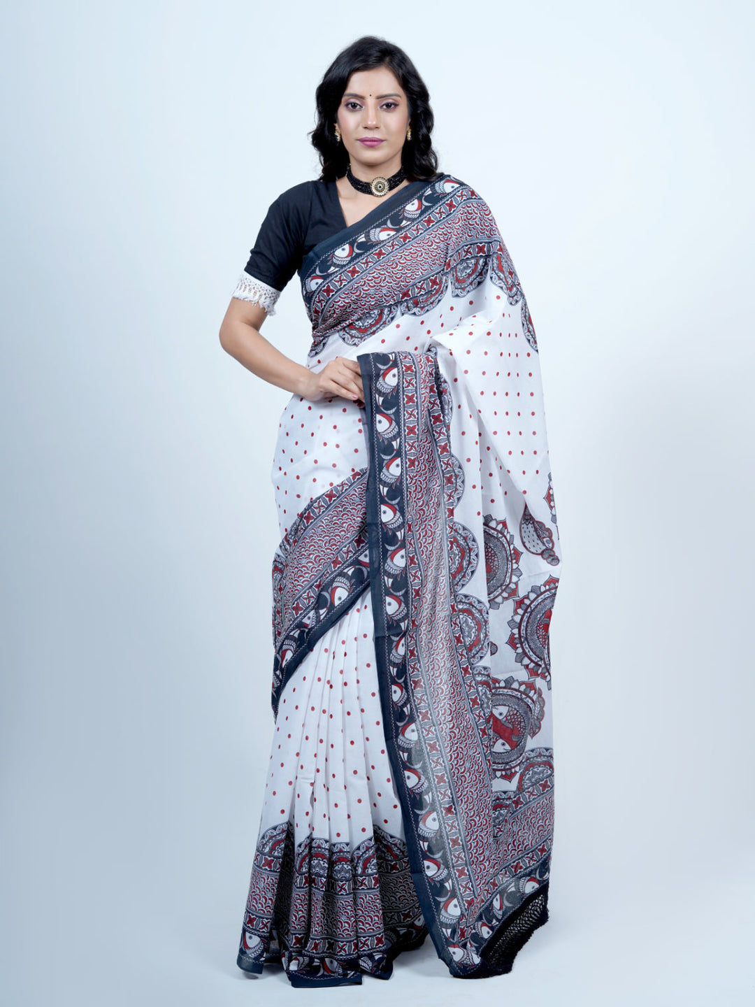 Buta Buti Madhubani Art Printed Pure Cotton Tasseled Saree