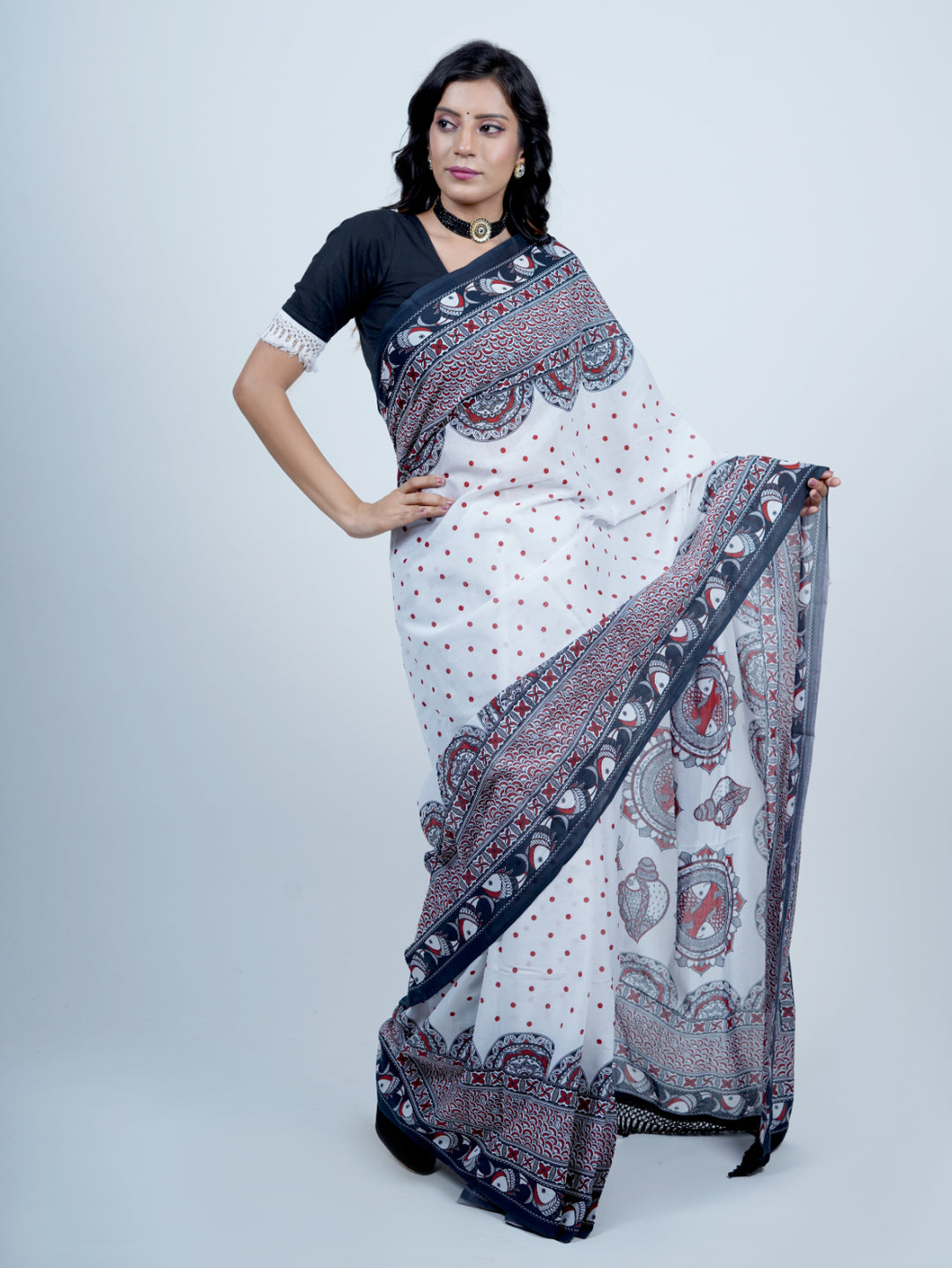 Buta Buti Madhubani Art Printed Pure Cotton Tasseled Saree