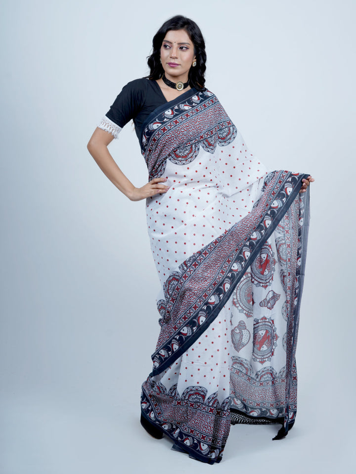 Buta Buti Madhubani Art Printed Pure Cotton Tasseled Saree