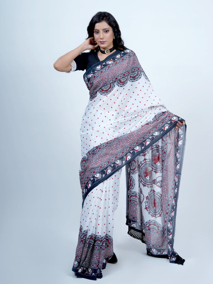 Buta Buti Madhubani Art Printed Pure Cotton Tasseled Saree
