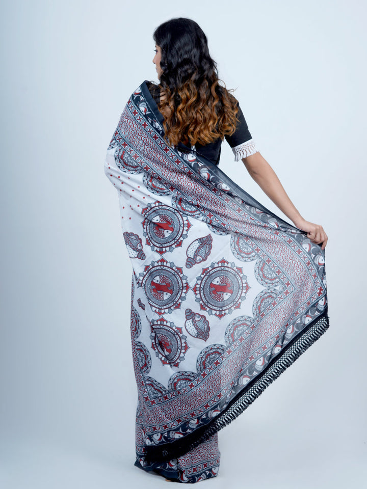 Buta Buti Madhubani Art Printed Pure Cotton Tasseled Saree