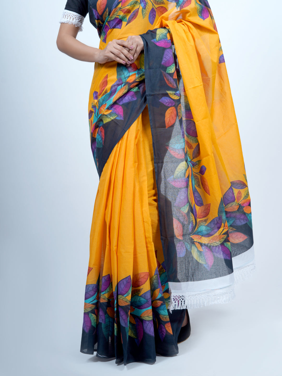 Buta Buti Leaf Printed Pure Cotton Tasseled Saree