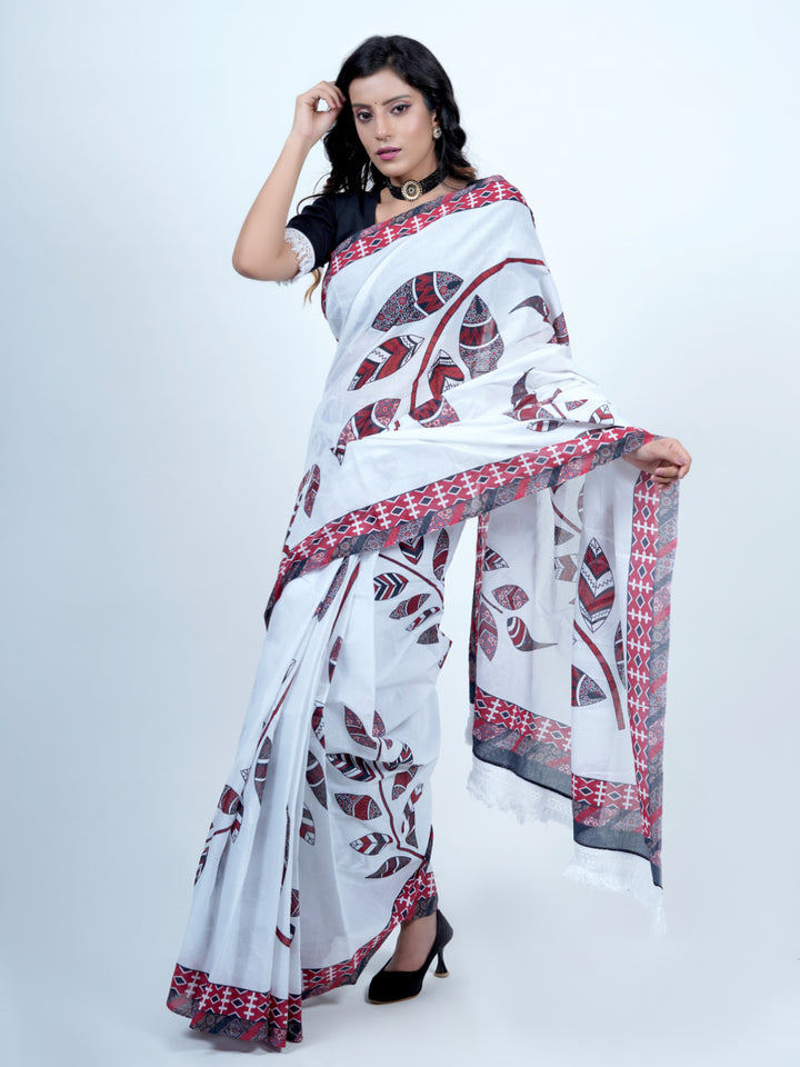 Buta Buti Leaf Printed Pure Cotton Tasseled Saree