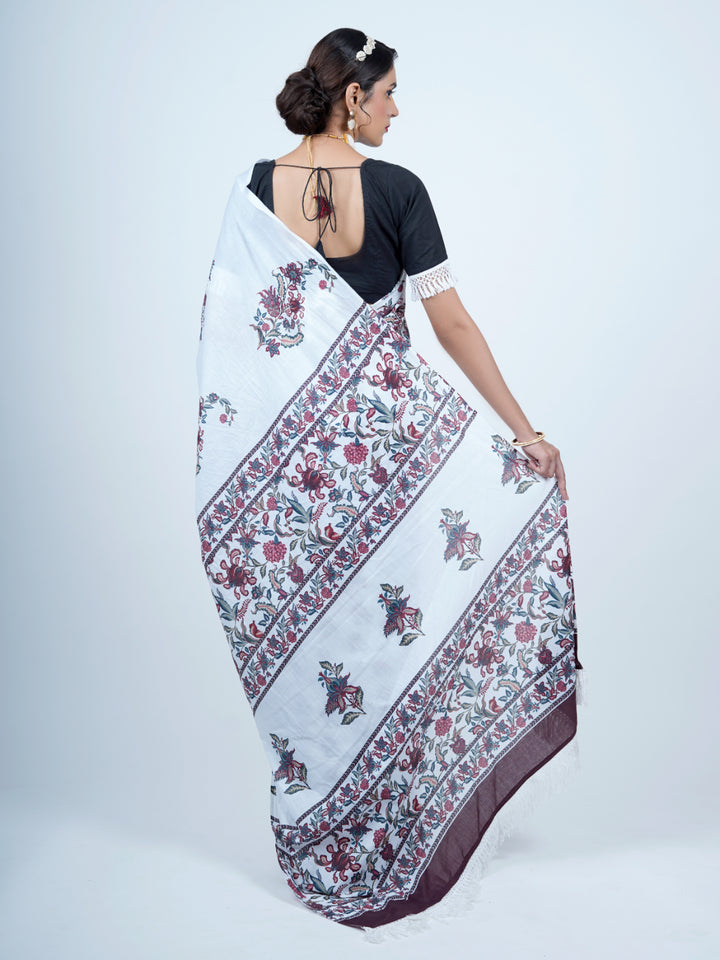 Buta Buti Chintz Floral Printed Pure Cotton Tasseled Saree