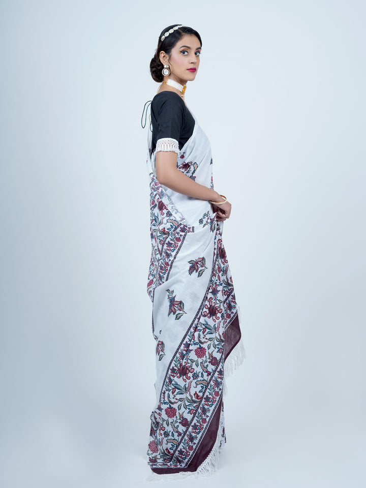 Buta Buti Chintz Floral Printed Pure Cotton Tasseled Saree