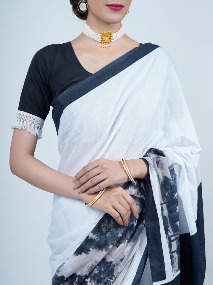 Buta Buti Landscape Printed Pure Cotton Tasseled Saree