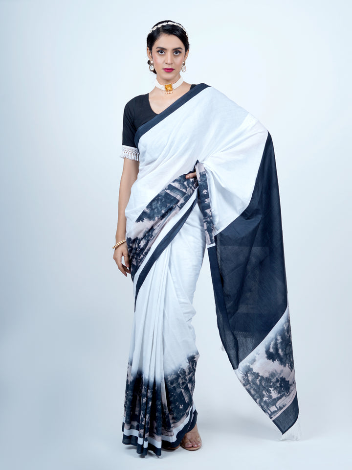 Buta Buti Landscape Printed Pure Cotton Tasseled Saree