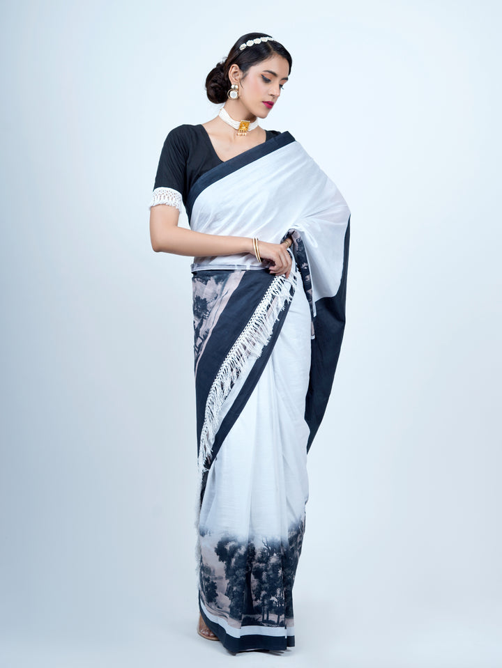 Buta Buti Landscape Printed Pure Cotton Tasseled Saree