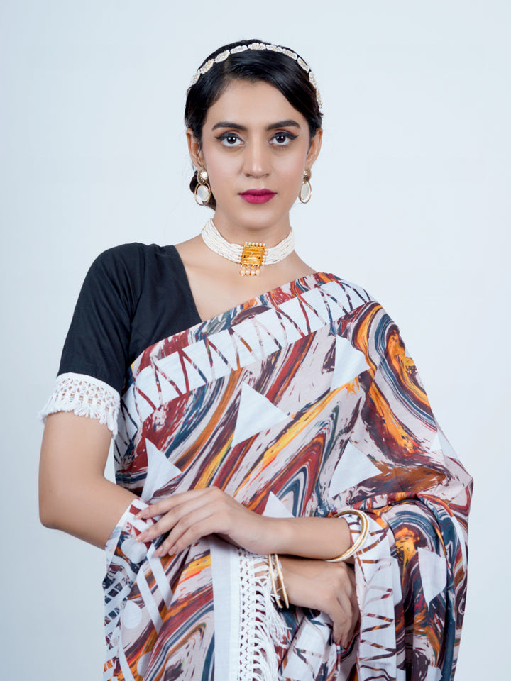 Buta Buti Abstract Art Printed Pure Cotton Tasseled Saree