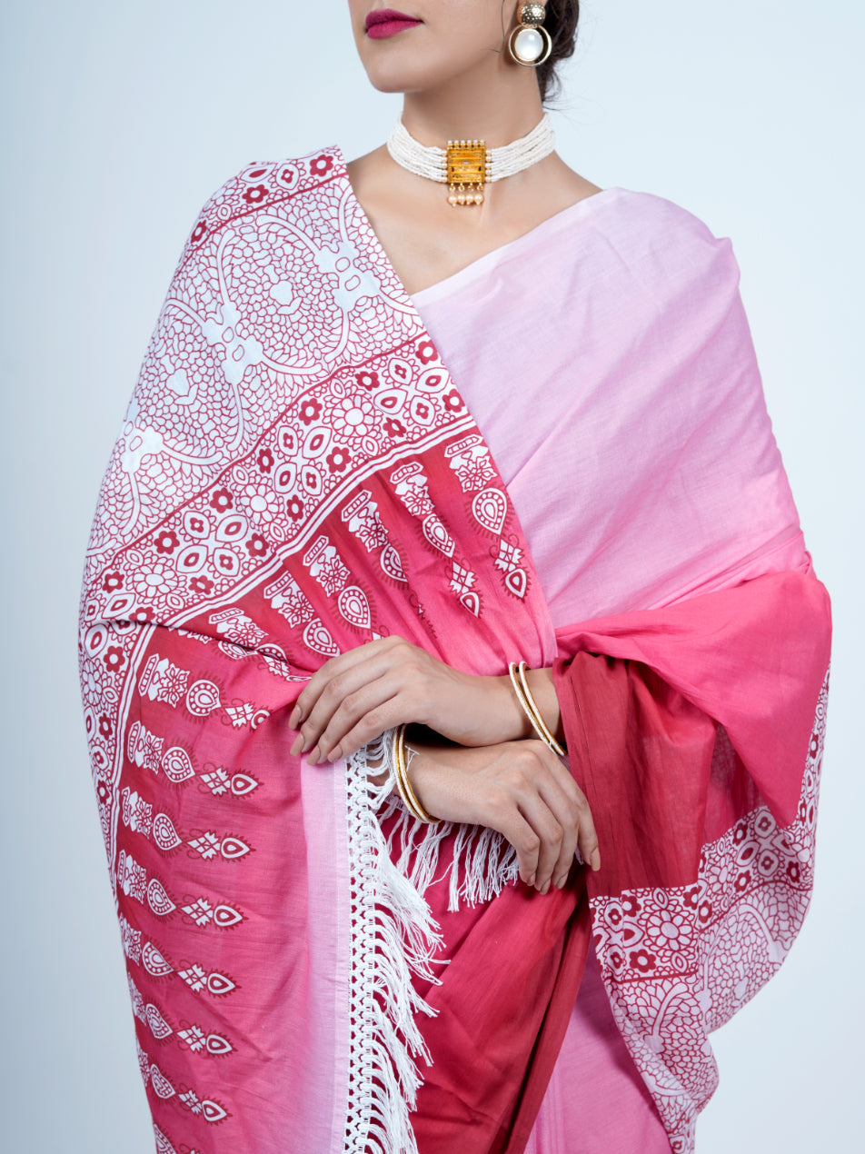 Buta Buti Ombre Printed Pure Cotton Tassled Saree