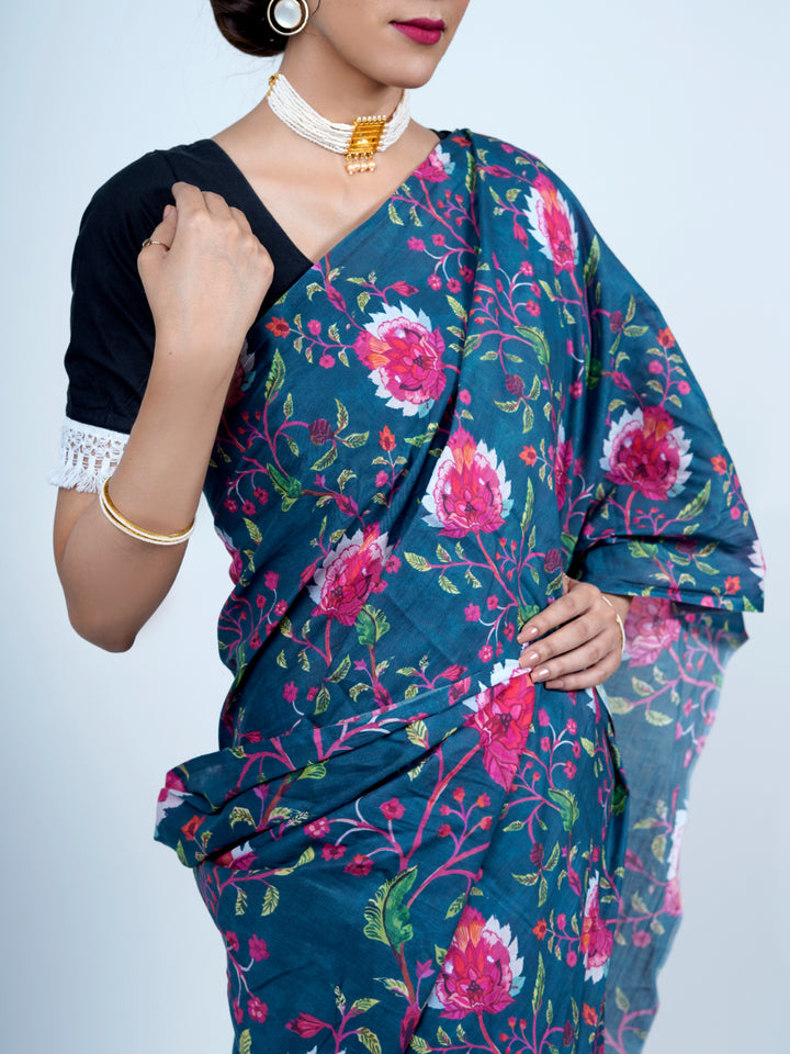 Buta Buti Floral Printed Pure Cotton Tasseled Printed Saree