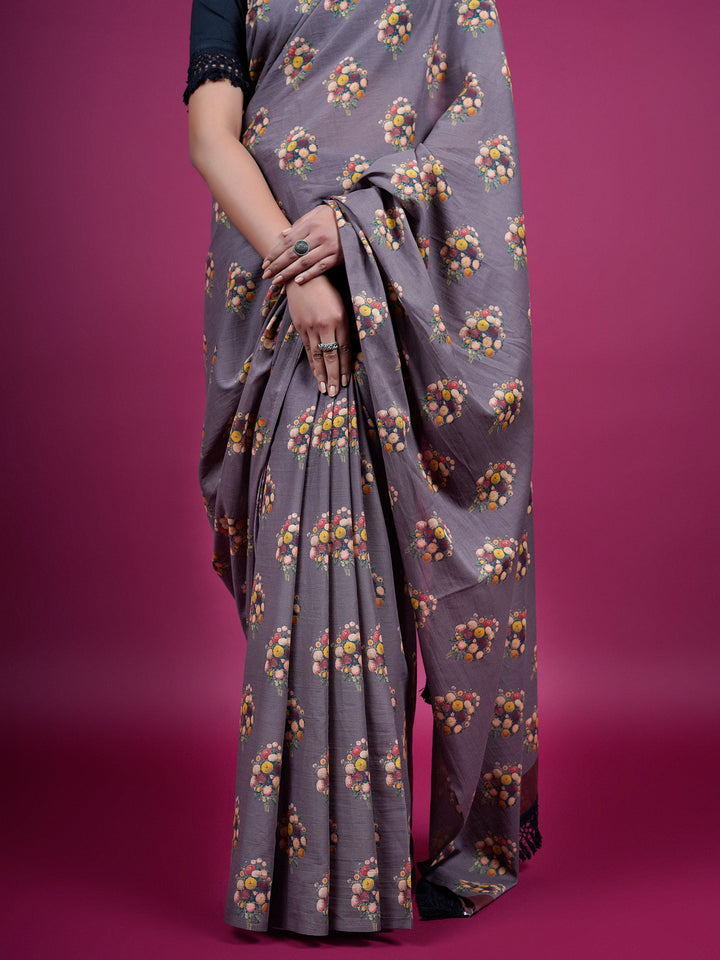 Buta Buti Floral Printed Cotton Saree With Tassels Embellishment