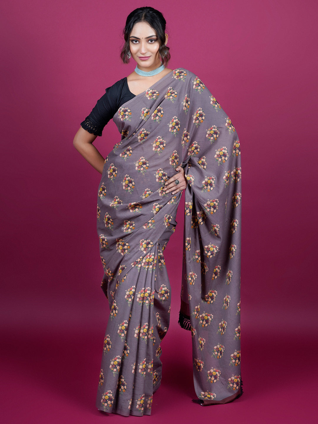 Buta Buti Floral Printed Cotton Saree With Tassels Embellishment