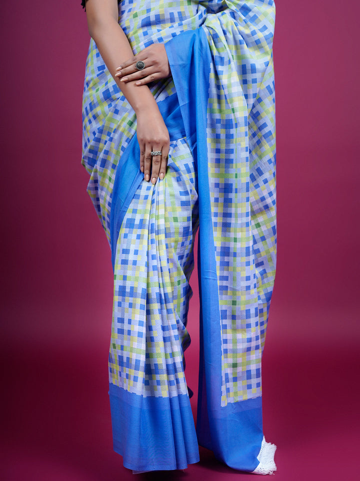 Buta Buti Checked Printed Cotton Saree With Tassels Embellishment