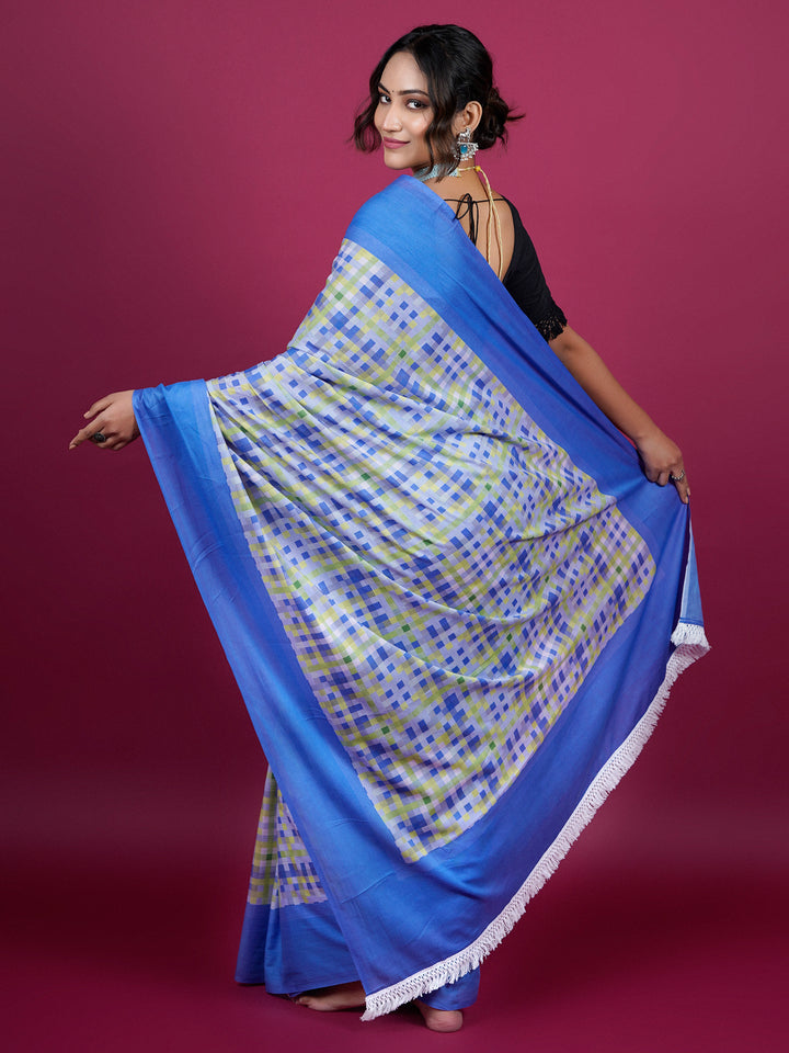 Buta Buti Checked Printed Cotton Saree With Tassels Embellishment