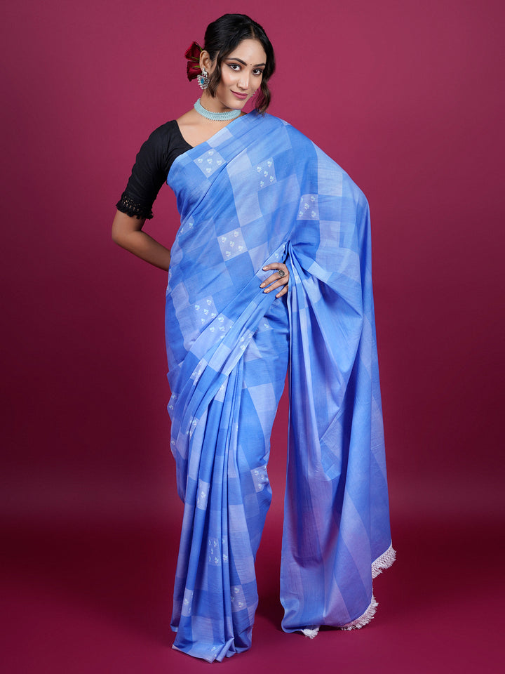 Buta Buti Checked and Floral Printed Cotton Saree With Tassels Embellishment