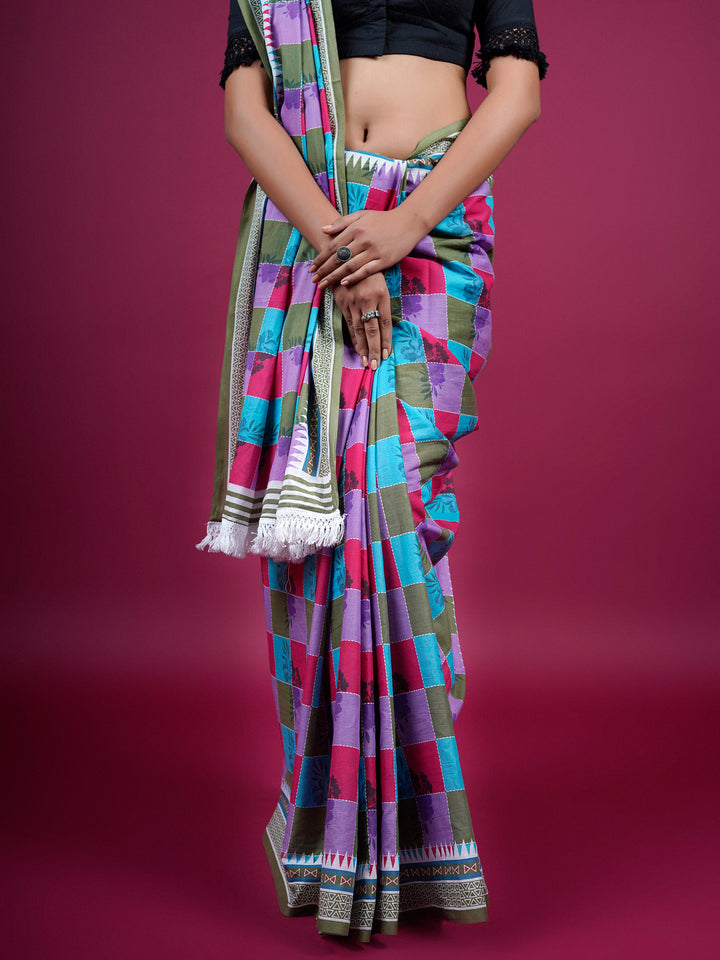 Buta Buti Checked and Floral Cotton Printed Saree With Tassels Embellishment