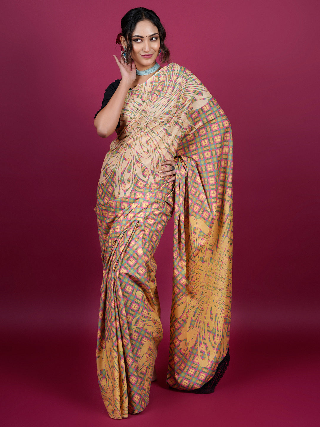 Buta Buti Floral and Pixel Printed Cotton Saree With Tassels Embellishment